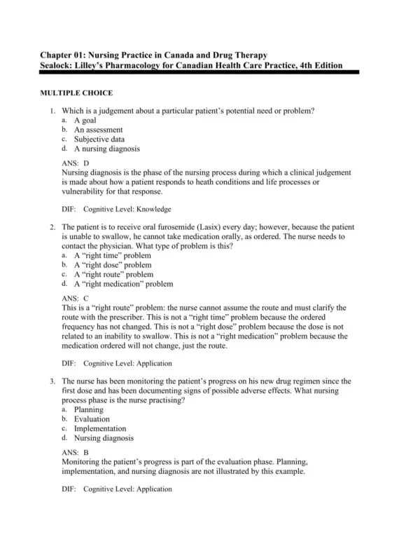 Lilley's Pharmacology for Canadian Health 1 Multiple choice pharmacology practice questions with dosage calculation exercises for nursing students