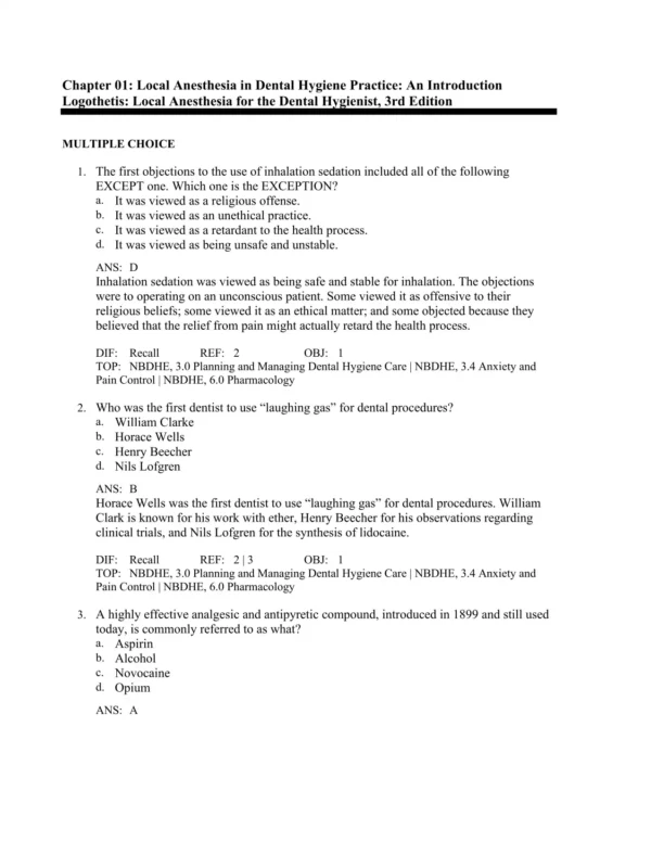 Local Anesthesia for the Dental Hygienist 3rd Edition Demetra Logothetis Test Bank_Page1.webp-001 Multiple choice dental hygiene anesthesia practice questions covering pain management and clinical applications