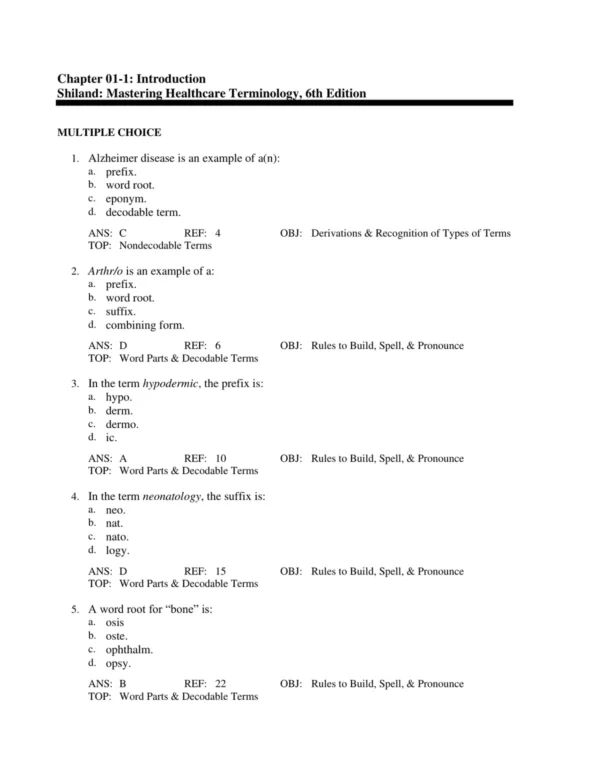 NCLEX-style multiple choice healthcare terminology questions covering prefixes, roots, and suffixes