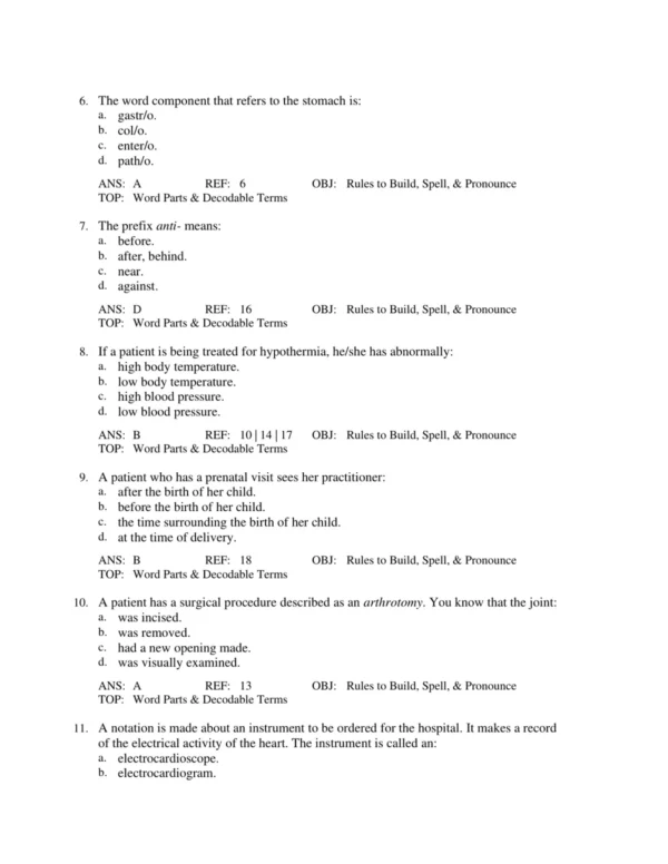 Detailed answer explanations for healthcare terminology questions with rationales and vocabulary examples