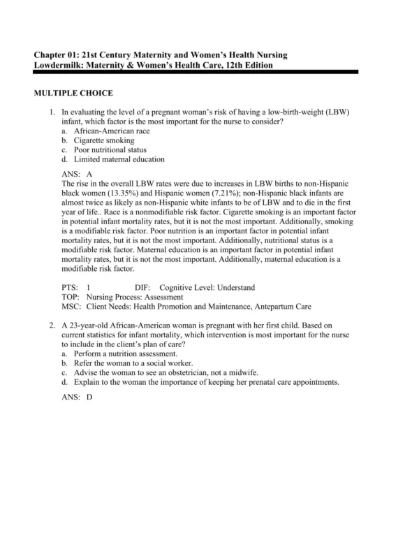 Maternity and Women's Health Care, 12th Edition by Deitra Leonard Lowdermilk Test Bank_Page1.webp-001 NCLEX-style multiple choice maternity nursing questions focusing on prenatal and postpartum care concepts