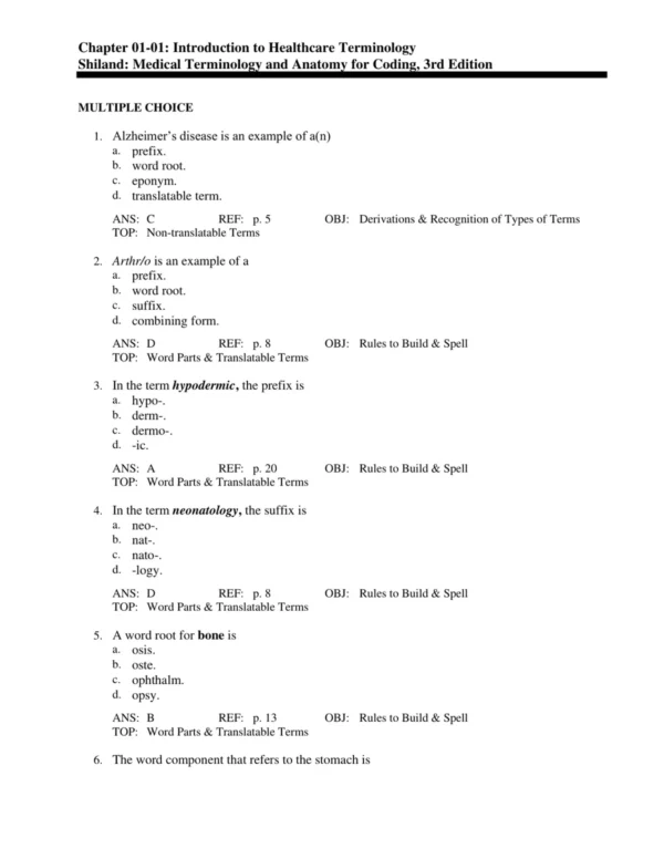 Multiple choice medical terminology practice questions with coding-related examples and answer options