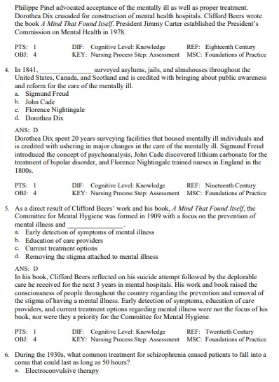 Detailed answer rationales explaining correct responses for mental health nursing exam questions