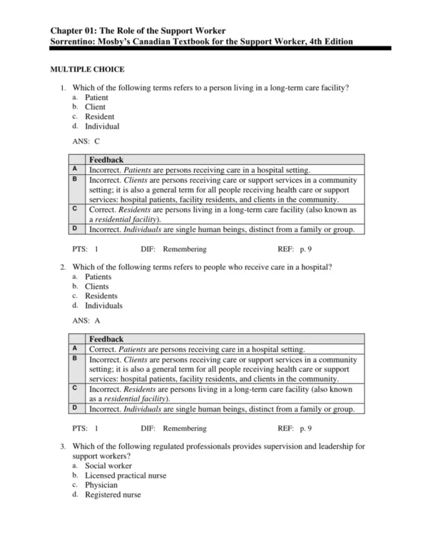 NCLEX-style multiple choice nursing practice questions from support worker course materials