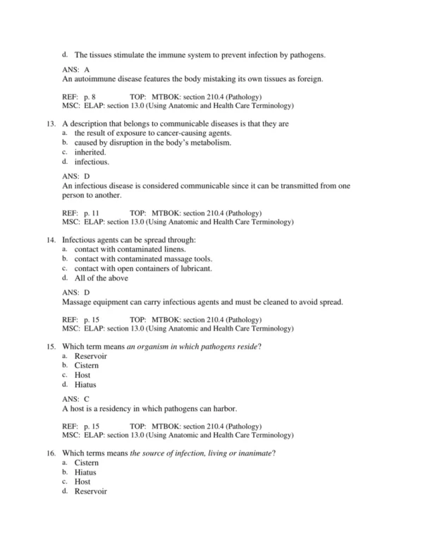 Massage therapy exam preparation materials with pathology practice questions and clinical case examples