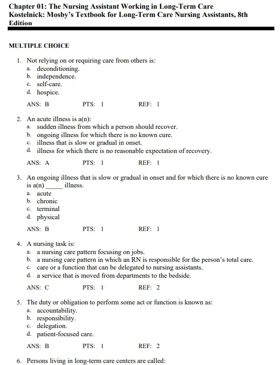 Multiple choice nursing assistant practice questions from Mosby’s long term care materials with detailed options