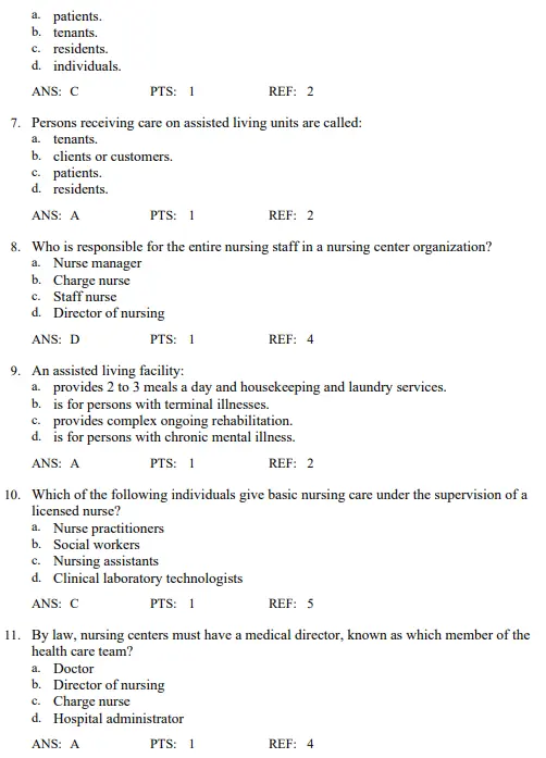 Detailed answer rationales and explanations for nursing assistant exam questions from Mosby’s long term care text