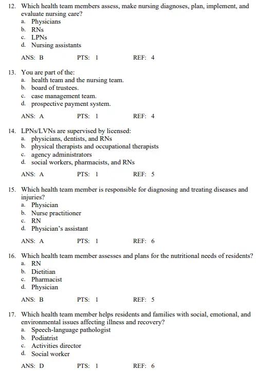 Chapter-based nursing assistant exam questions organized by topics in long term care and patient support