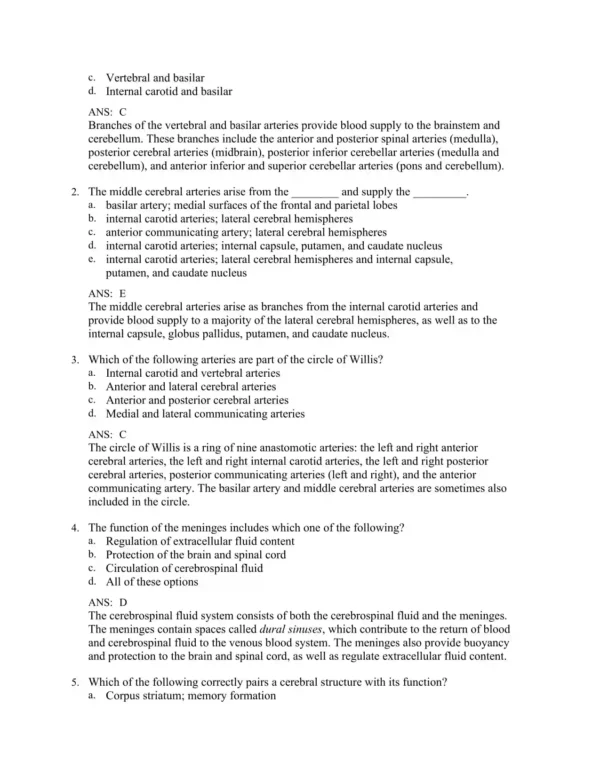 Chapter-by-chapter neuroscience exam questions covering neural pathways, brain function, and motor control