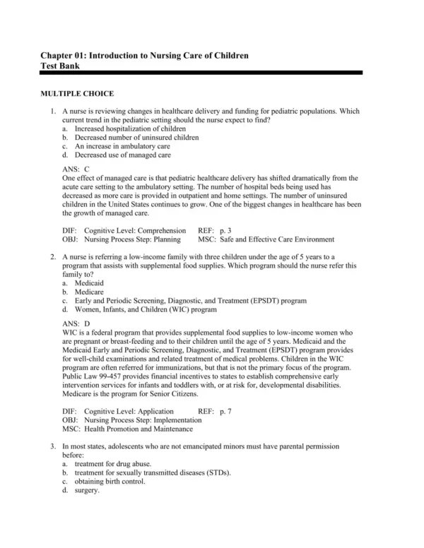 Multiple choice pediatric nursing practice questions focusing on child growth and developmental care concepts