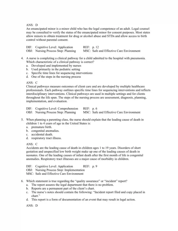 Detailed answer rationales explaining correct and incorrect responses for pediatric nursing questions