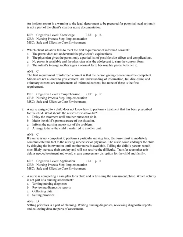 Chapter-based pediatric nursing exam questions covering child health, safety, and clinical interventions