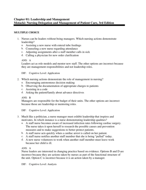 Detailed answer rationales explaining correct responses for nursing delegation and management exam questions