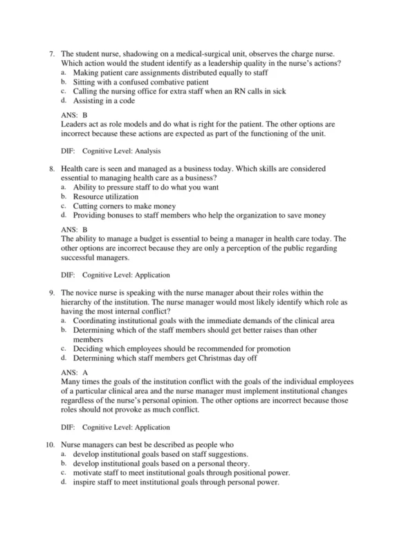 Nursing management exam preparation materials with practice test questions for leadership and delegation skills