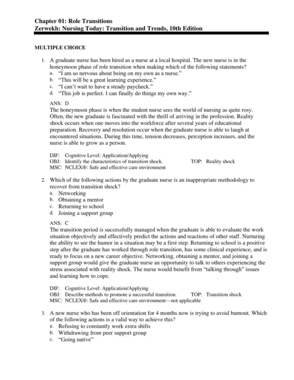 Detailed answer rationales explaining correct responses for nursing leadership and professional practice exam questions