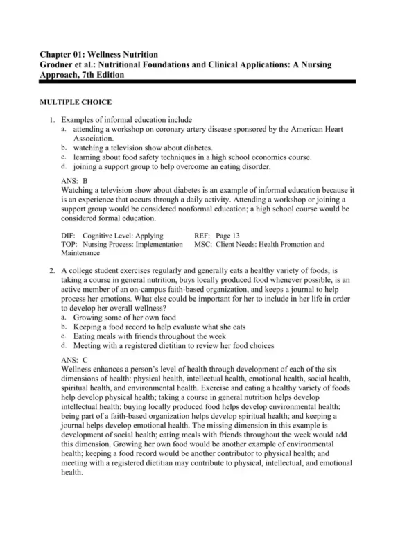 Nutritional Foundations & Clinical Application, 7th Edition by Michele Grodner Test Bank_Page1.webp-001 Chapter-by-chapter nutrition exam questions organized by key dietary and metabolic concepts