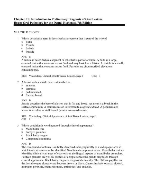 Oral_Pathology_for_the_Dental_Hygienist_7th_Edition_by_Olga_A._C_p001 Detailed answer rationales explaining correct responses and diagnostic reasoning for oral pathology exams