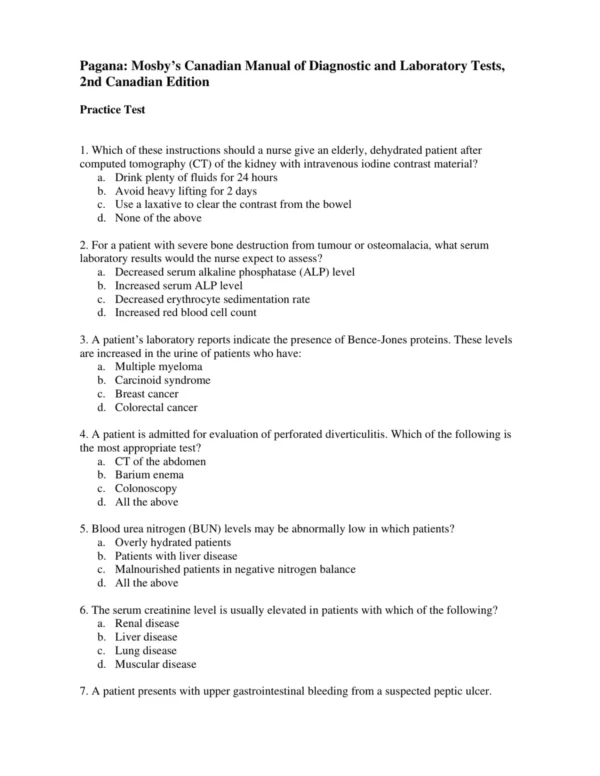 Pagana_Mosby_s_Canadian_Manual_of_Diagnostic_and_Laboratory_Tests_2nd_Canadian_Edition_Test_Bank_p001 Detailed answer rationales for Canadian nursing lab value review and clinical significance
