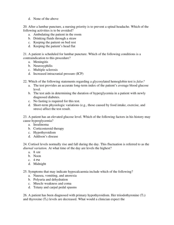Pagana_Mosby_s_Canadian_Manual_of_Diagnostic_and_Laboratory_Tests_2nd_Canadian_Edition_Test_Bank_p004 Multiple choice nursing questions on diagnostic procedure practice and lab test interpretation