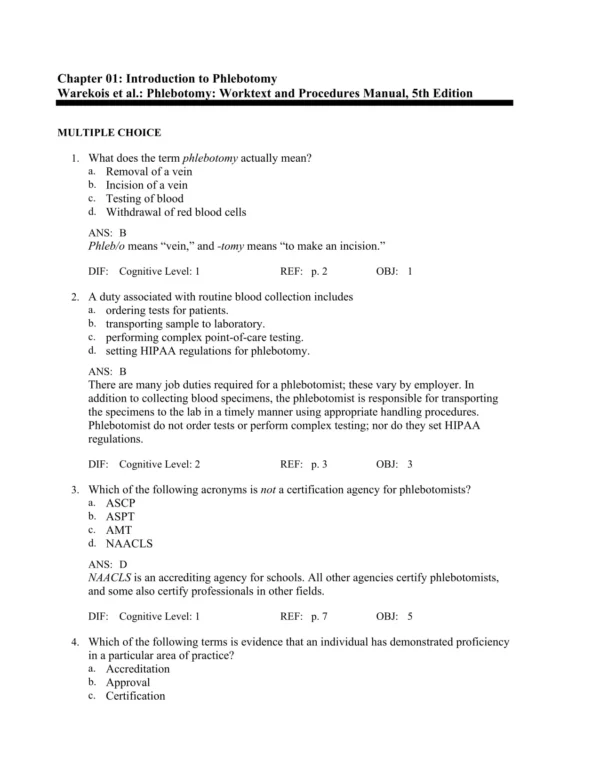 Phlebotomy, 5th Edition by Robin S. Warekois Test Bank_Page1.webp-001 Multiple choice phlebotomy practice questions covering venipuncture procedures and laboratory safety standards