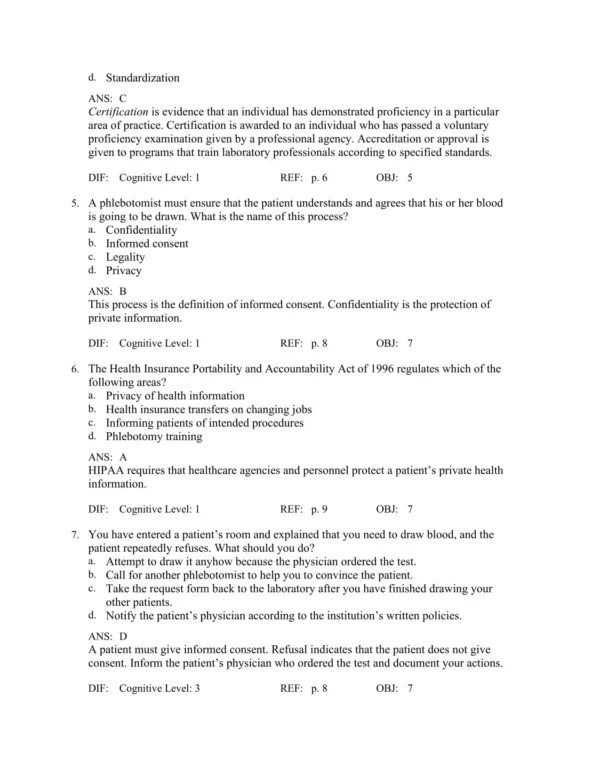 Phlebotomy, 5th Edition by Robin S. Warekois Test Bank_Page2.webp-002 Detailed answer rationales explaining correct procedures for specimen collection and error prevention in clinical settings