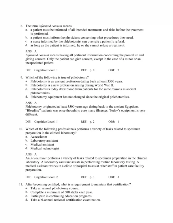 Phlebotomy, 5th Edition by Robin S. Warekois Test Bank_Page3.webp-003 Chapter-based phlebotomy test questions covering anatomy, equipment use, and collection procedures systematically organized