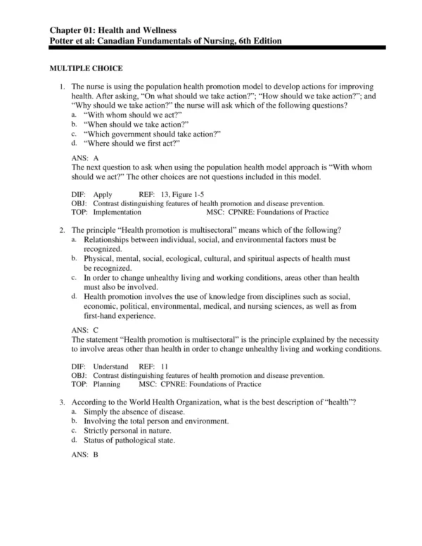 NCLEX-style multiple choice nursing practice questions from Canadian Fundamentals of Nursing materials