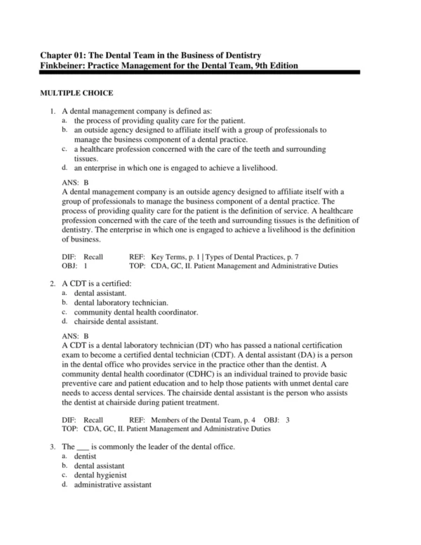 Multiple choice dental practice management questions focused on office procedures and communication skills