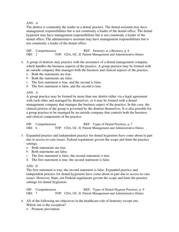 Detailed rationales explaining correct answers in dental management and administrative practice scenarios