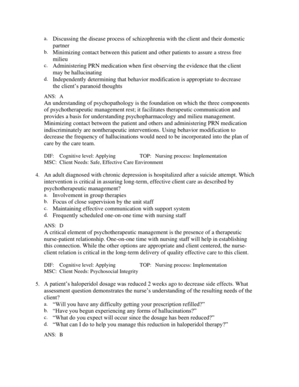 Detailed answer rationales explaining psychiatric nursing responses and clinical reasoning skills