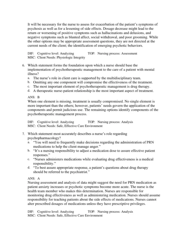 Chapter-based psychiatric nursing exam questions covering major mental health topics and disorders
