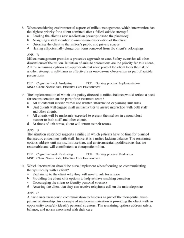 Mental health nursing exam preparation materials with case studies and therapeutic practice questions