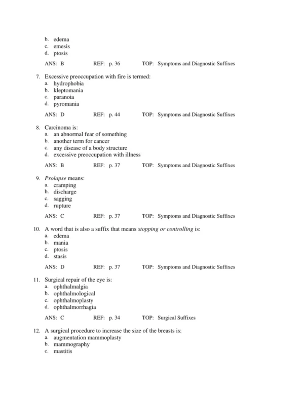 Detailed medical terminology answer rationales explaining correct definitions and clinical usage