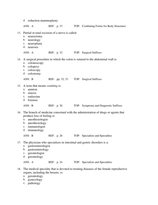 Chapter-based terminology test questions covering core medical vocabulary and healthcare language topics