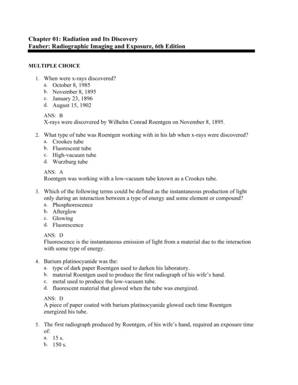 Radiographic Imaging and Exposure, 6th Editionby Terri L. Fauber Test Bank_Page1.webp-001 Detailed answer rationales for radiographic imaging questions explaining correct responses and exposure control concepts