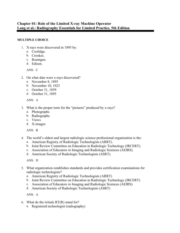 Radiography Essentials for Limited Practice, 5th Editionby Bruce W. Long Test Bank_Page1.webp-001 Detailed radiography answer rationales explaining correct responses and exposure techniques