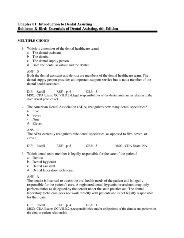 Detailed answer rationales explaining correct responses for dental assisting exam questions