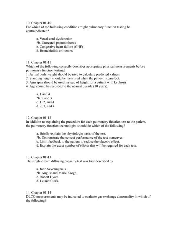 Chapter-based pulmonary function test questions covering respiratory assessment topics for structured review