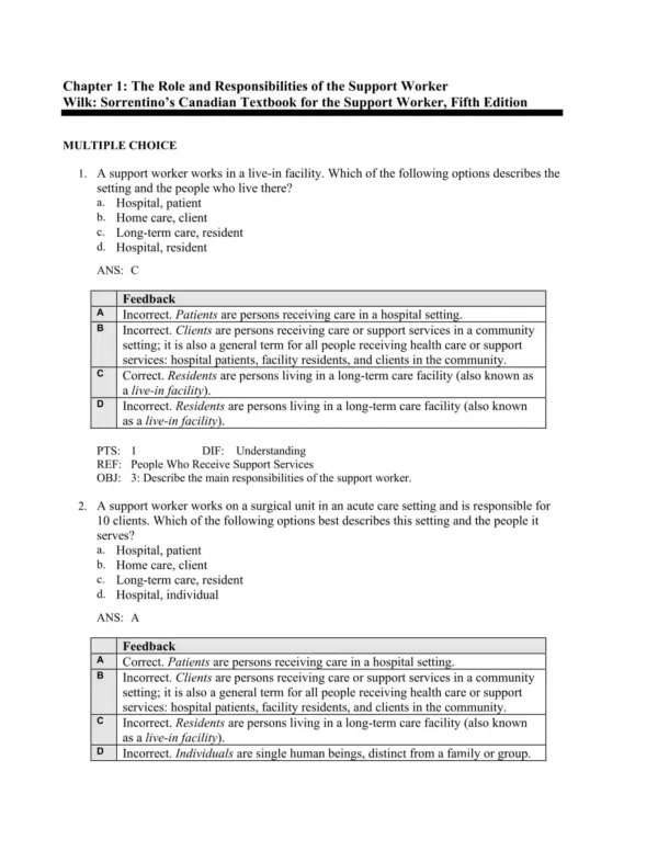 Sorrentino's Canadian Textbook 1 Multiple choice healthcare support worker practice questions with answer options and rationales", "caption": "Sample Multiple Choice Practice Questions