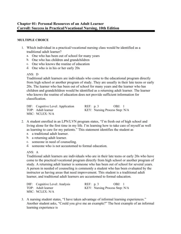 Success in Practical Vocational Nursing, 10th Edition by Lisa Carroll Test Bank_Page1.webp-001 Comprehensive answer rationales explaining correct responses and key nursing principles in vocational training