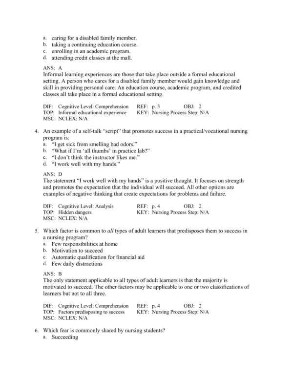 Success in Practical Vocational Nursing, 10th Edition by Lisa Carroll Test Bank_Page2.webp-002 Chapter-based nursing exam questions covering practical nursing topics and learning objectives for students