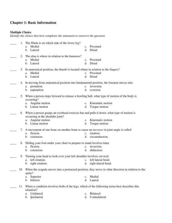 Test Bank For Clinical Kinesiology And Anatomy 6th Edition Lynn S. Lippert 1 Multiple choice kinesiology and anatomy practice questions covering joint motion and muscle function concepts