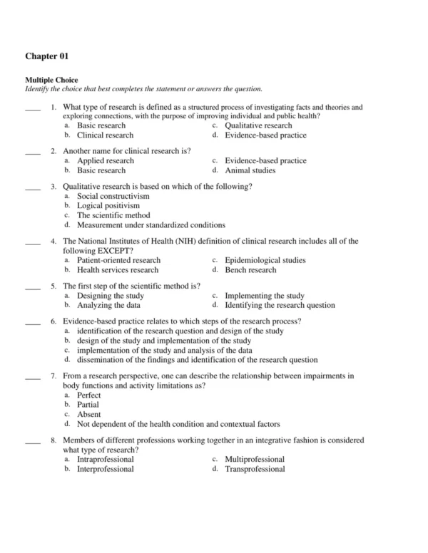 Test Bank For Foundations Of Clinical Research 1 Research-based multiple choice nursing practice questions focusing on data analysis and study design concepts