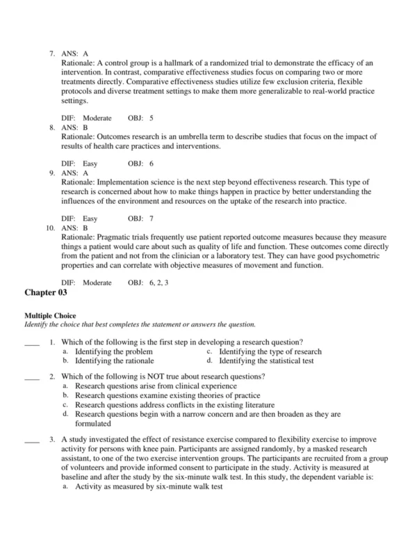 Test Bank For Foundations Of Clinical Research 7 Detailed answer rationales explaining correct responses to research methodology and data analysis questions in nursing education