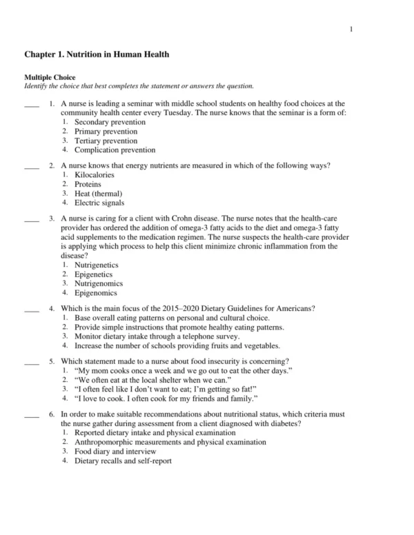 Test Bank For Lutz's Nutrition And Diet Therapy 8th Edition Erin E. Mazur 1 Multiple choice nutrition practice questions covering diet therapy and clinical nutrition topics