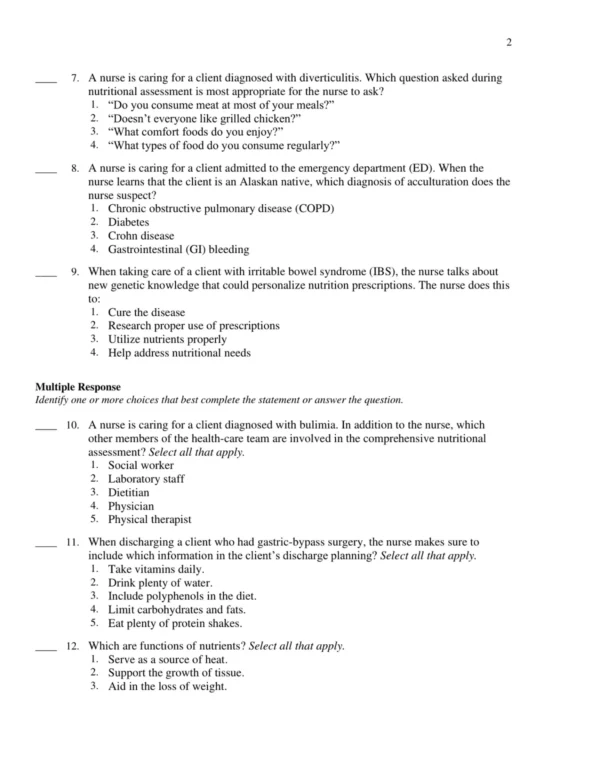 Test Bank For Lutz's Nutrition And Diet Therapy 8th Edition Erin E. Mazur 2 Detailed answer explanations for nutrition and diet therapy test questions with clinical reasoning insights