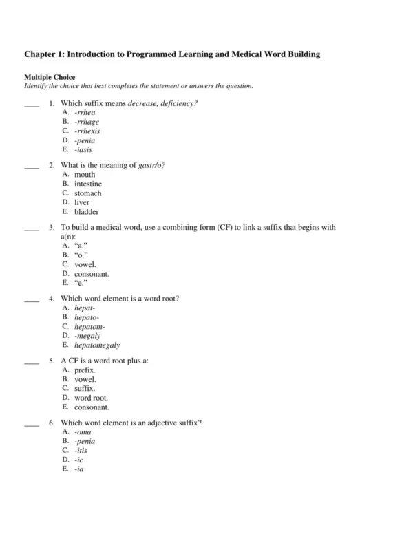 Multiple choice medical terminology questions covering prefixes, suffixes, and root words across body systems