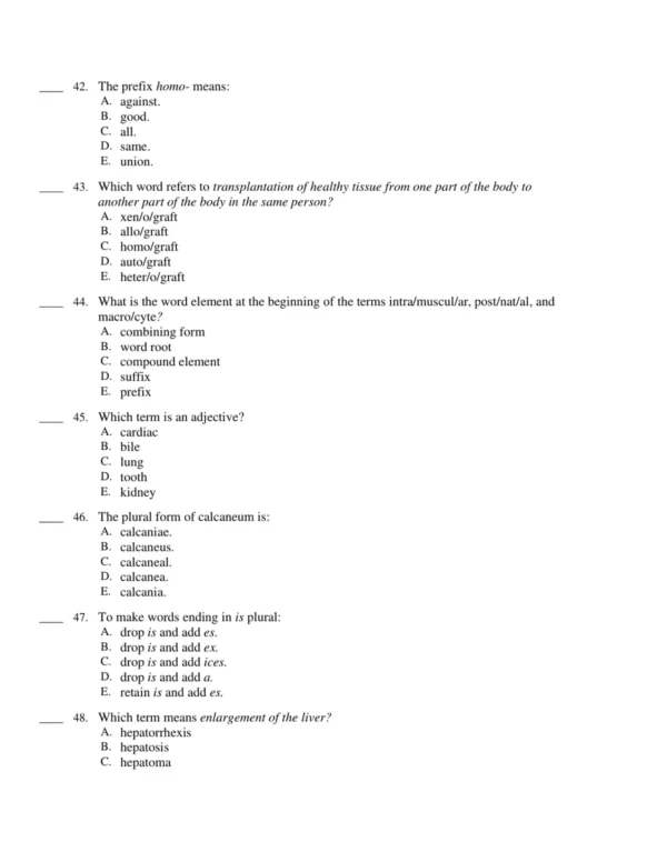 Comprehensive medical terminology practice questions testing prefixes, suffixes, and roots by body system