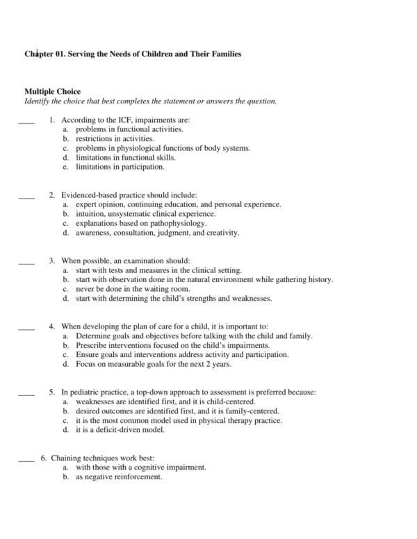 Test Bank For Meeting The Physical Therapy Needs Of Children 3rd Edition Susan K. Effgen 1 Pediatric physical therapy practice questions with developmental and mobility care scenarios for students