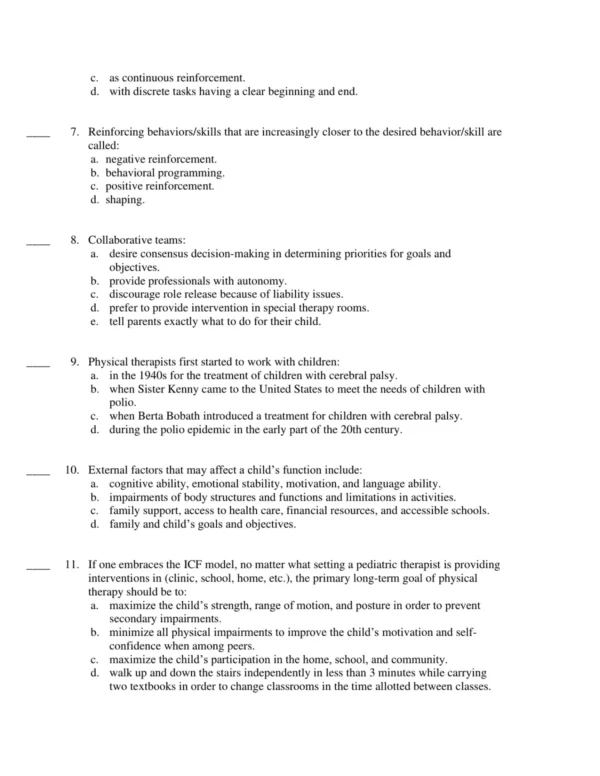 Test Bank For Meeting The Physical Therapy Needs Of Children 3rd Edition Susan K. Effgen 2 Pediatric physical therapy practice questions with developmental and mobility care scenarios for students